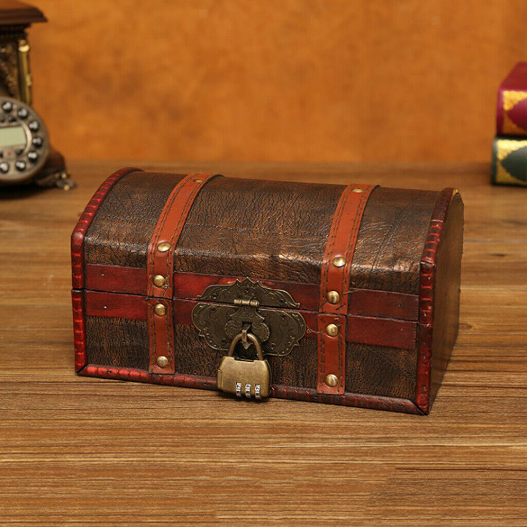 Retro Wooden Treasure Chest Necklace Photos Password Storage Case Boxes