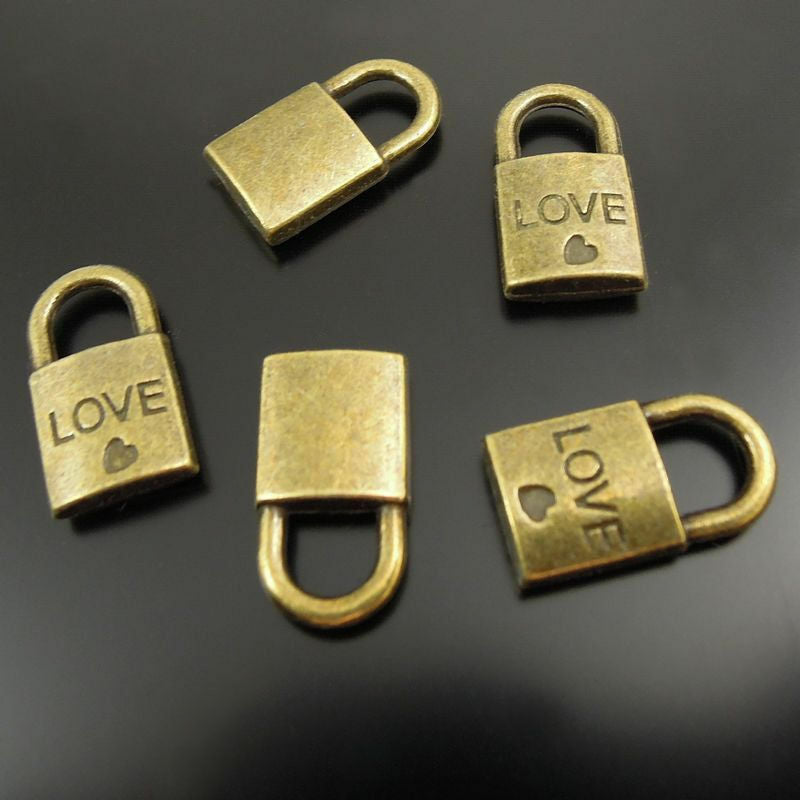 40 pcs Antiqued Bronze Lock Alloy Charm LOVE Engraved Pendant DIY Craft 17*9*3mm