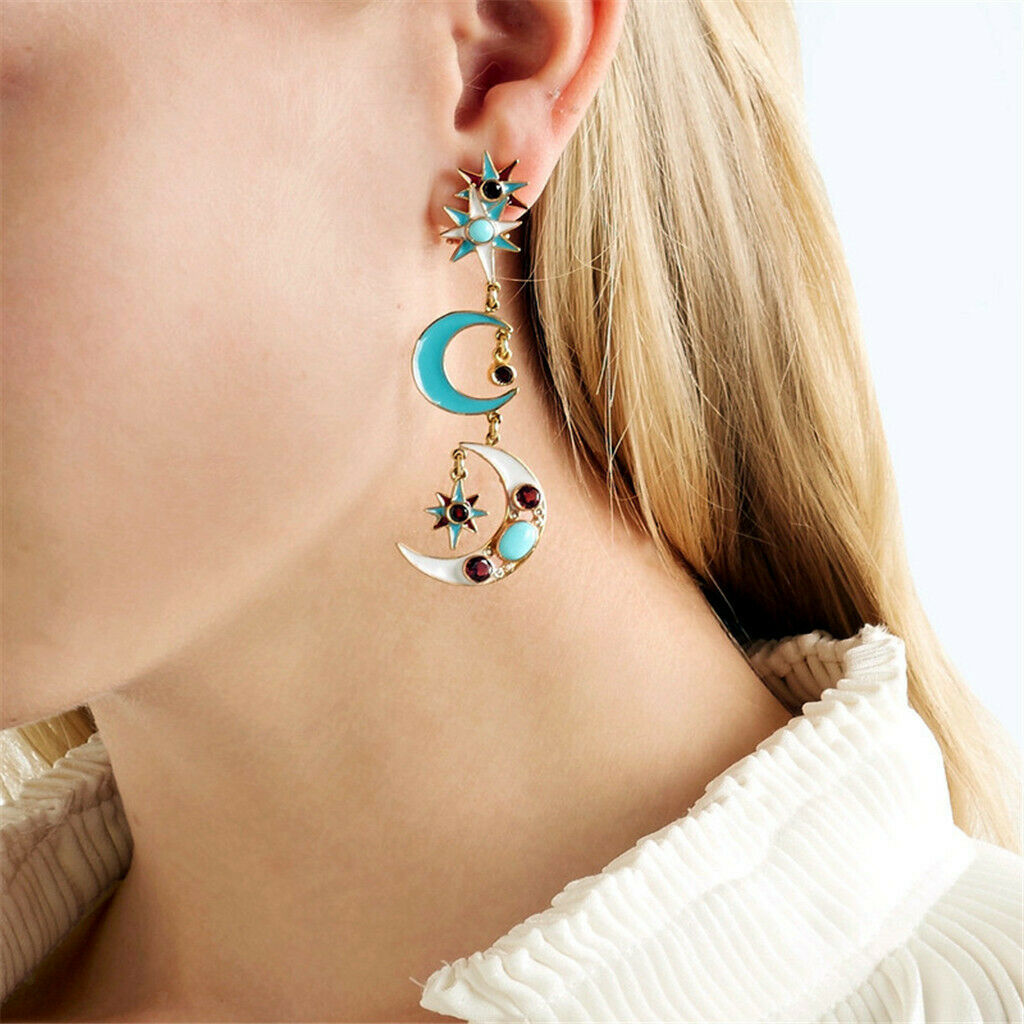 Metal Alloy Cute Charms Long Tassel Earrings Enamel Star Moon Stud Dangle