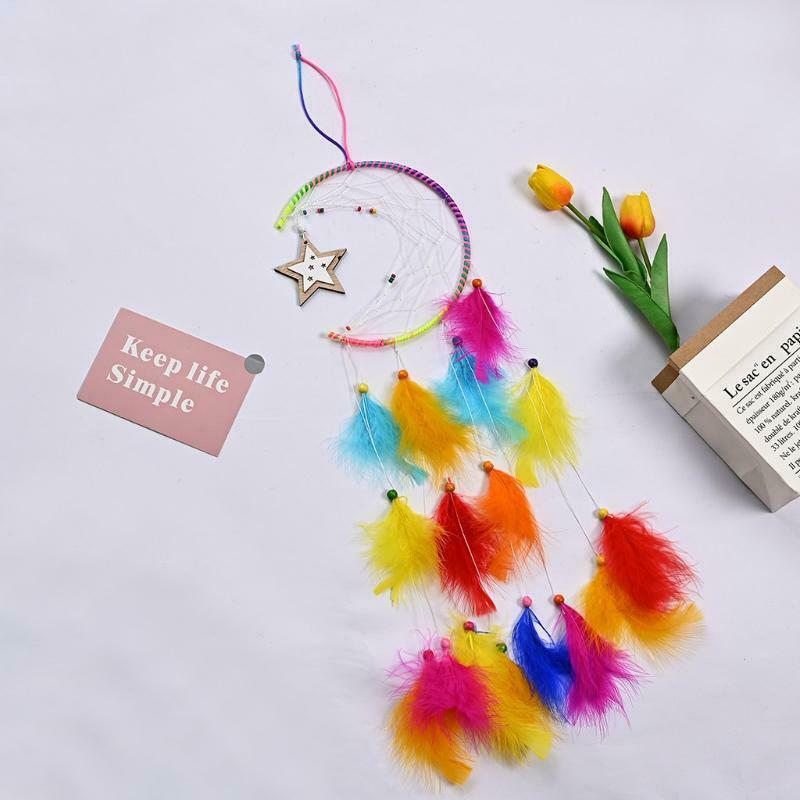 Colorful Feather Pendant Dream Catcher Moon Star Design Woven Wall Hanging Decor