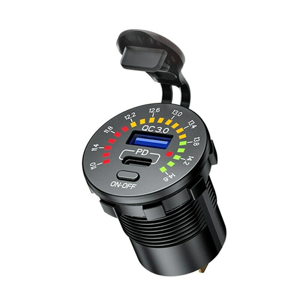 QC3.0 + PD Car Boat Charger Socket Power Outlet LED Voltmeter Waterproof
