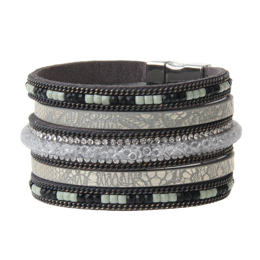 Punk Rock Wide Leather Men's Cuff Bangle Bracelet Crystal Net Band Grey