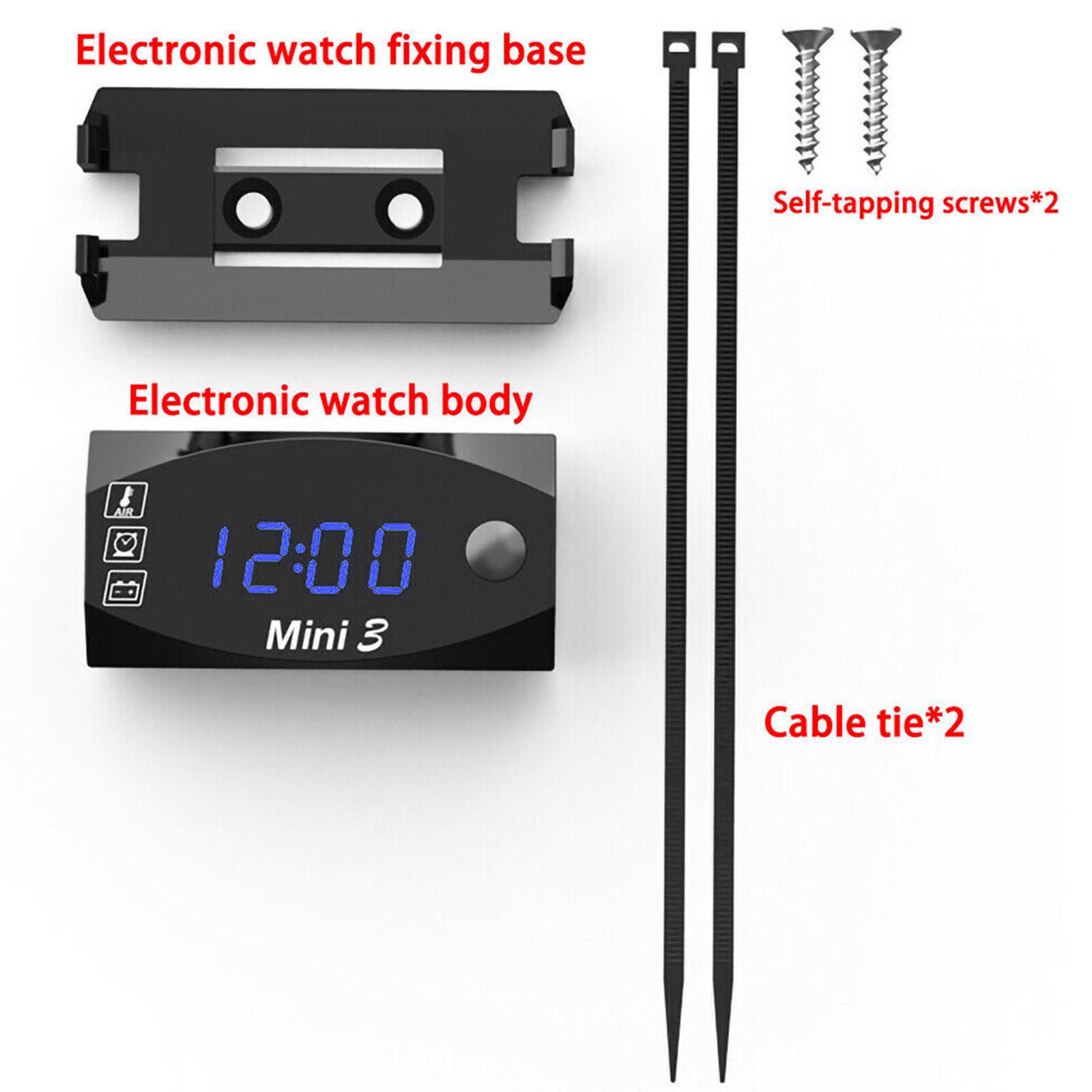 3 in1 LED Electronic Digital Time Clock Thermometer Voltmeter For 12V Motorcycle