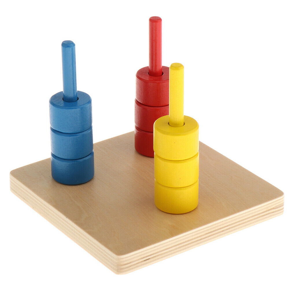 Wood 3 Colors Montessori Discs on 3 Dowel Geometry Toys Kid Math Handcrafted