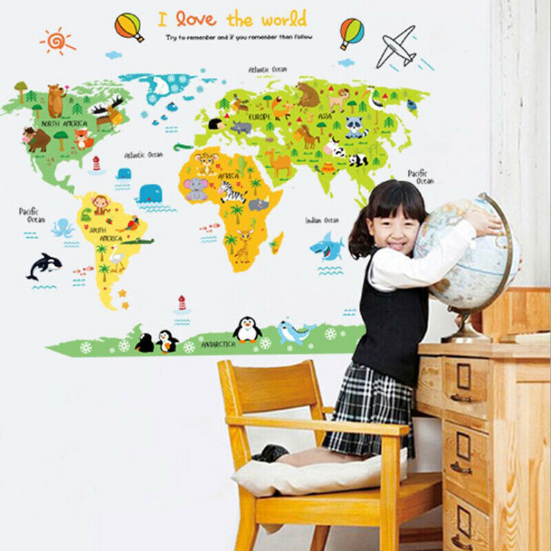 Cartoon Animal World Map Wall Stickers Kids Art Mural Removable Decorati.l8