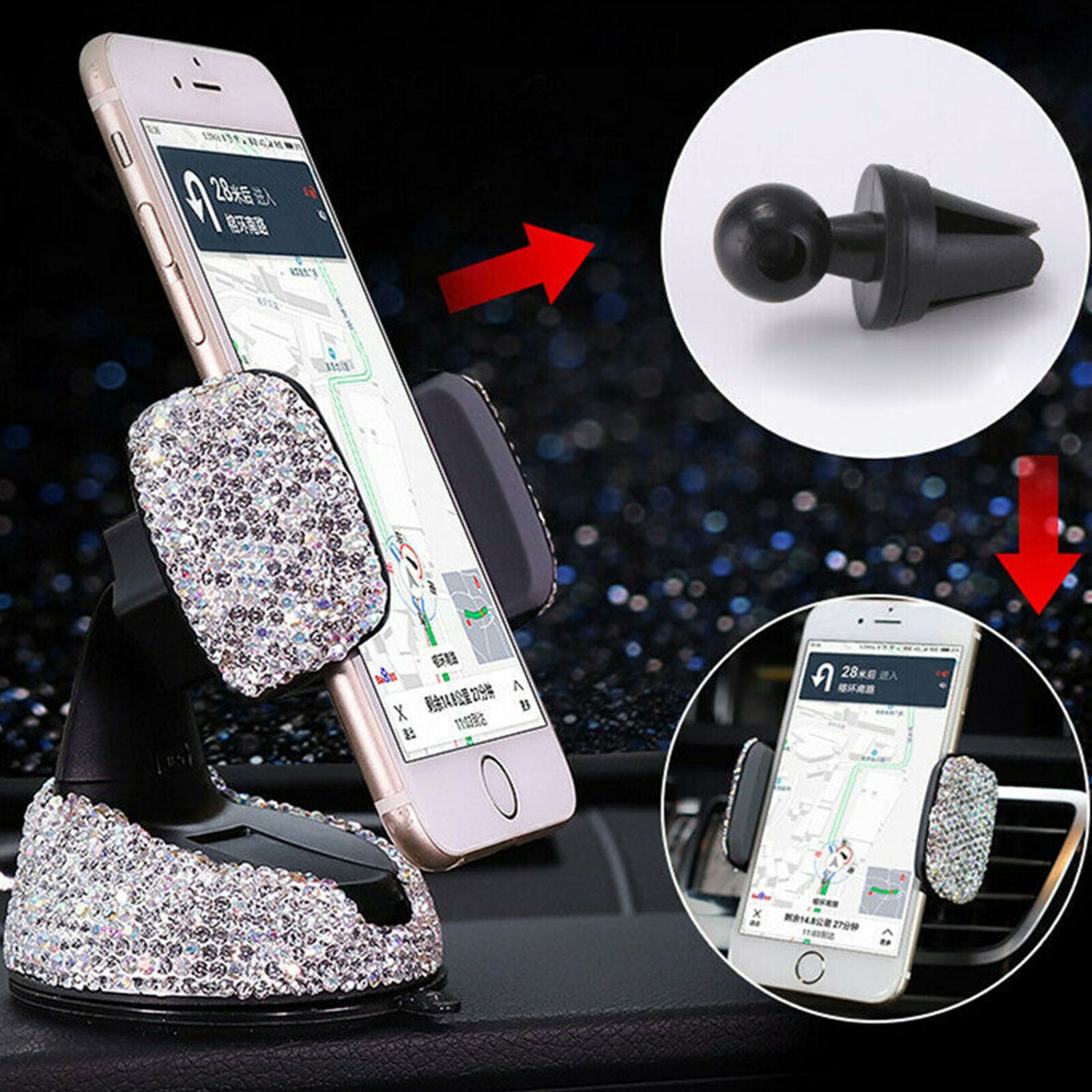 1Pcs Car Phone Holder Dashboard Stand Crystal Bling Girls Interior Accessories
