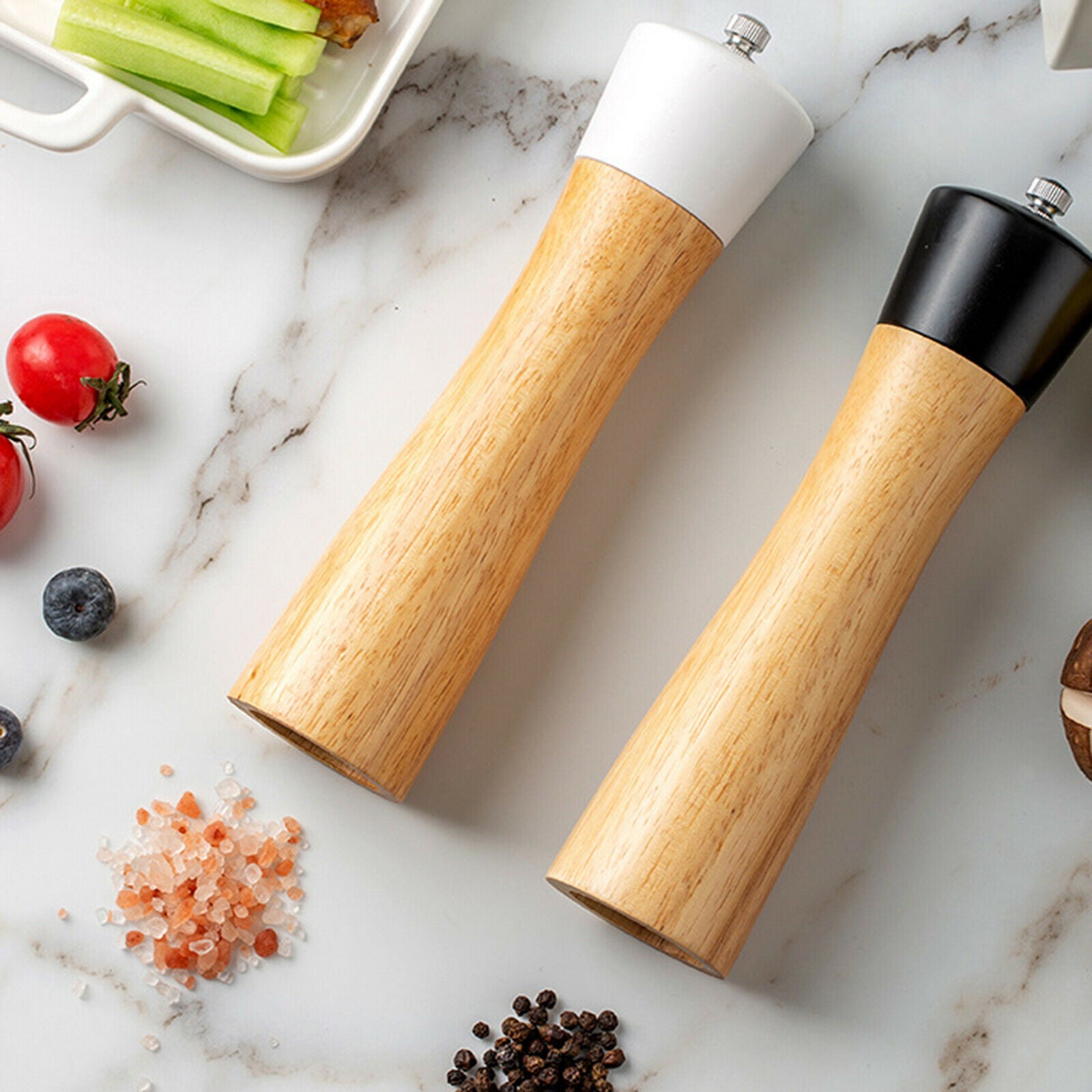 Wood Salt and Pepper Grinder Set Adjustable Shaker Mill Kitchen with a Spoon