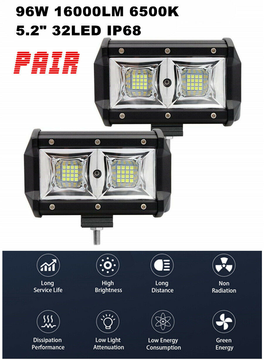 Pair 5.2 " 96W LED Work Light Bar Flood Beam OffRoad Driving Reverse 4x4 Ford