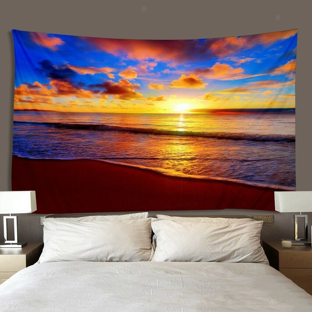 2Pcs 200x150cm Sunset on Beach Theme Wall Hanging Tapestry for TV Backdrop