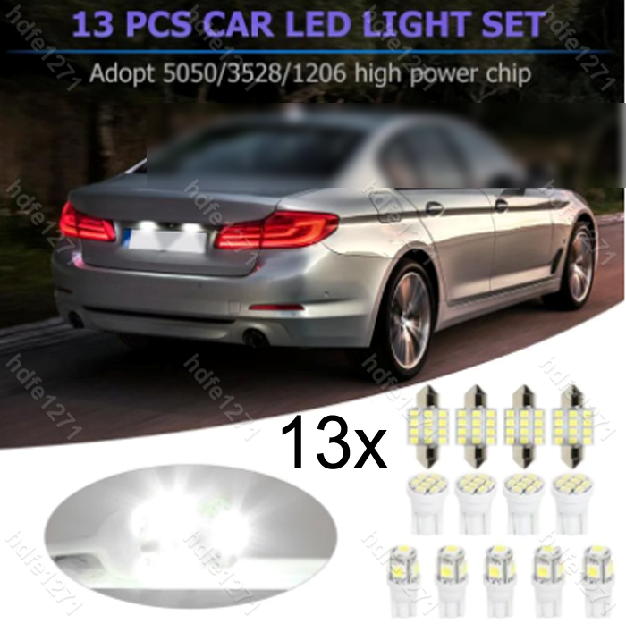 Xenon White LED Lights Interior Package T10 & 31mm License Plate Light x 13Pcs