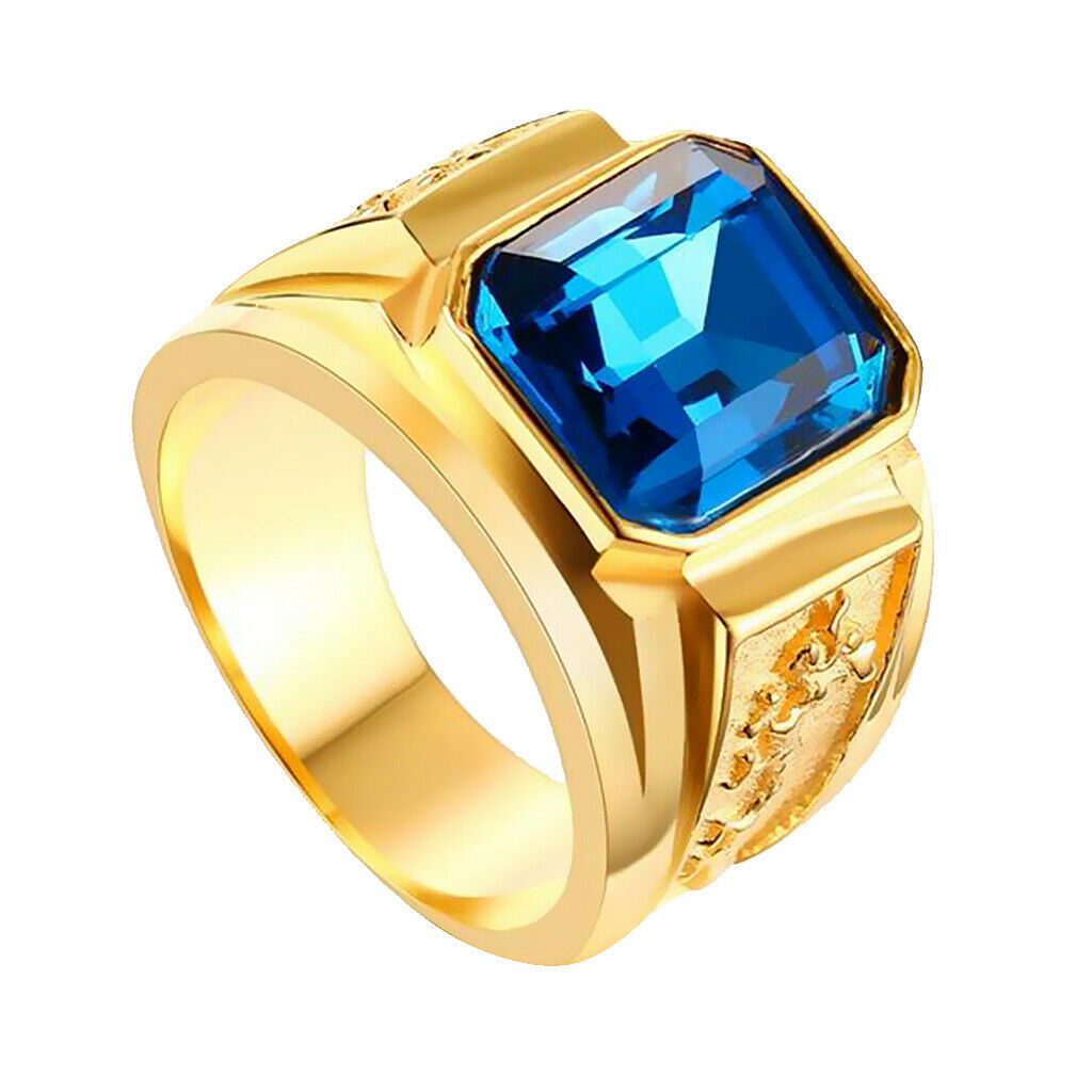 Golden Carved Flying Dragon Stainless Steel Ring with Glitter Blue Gem US9