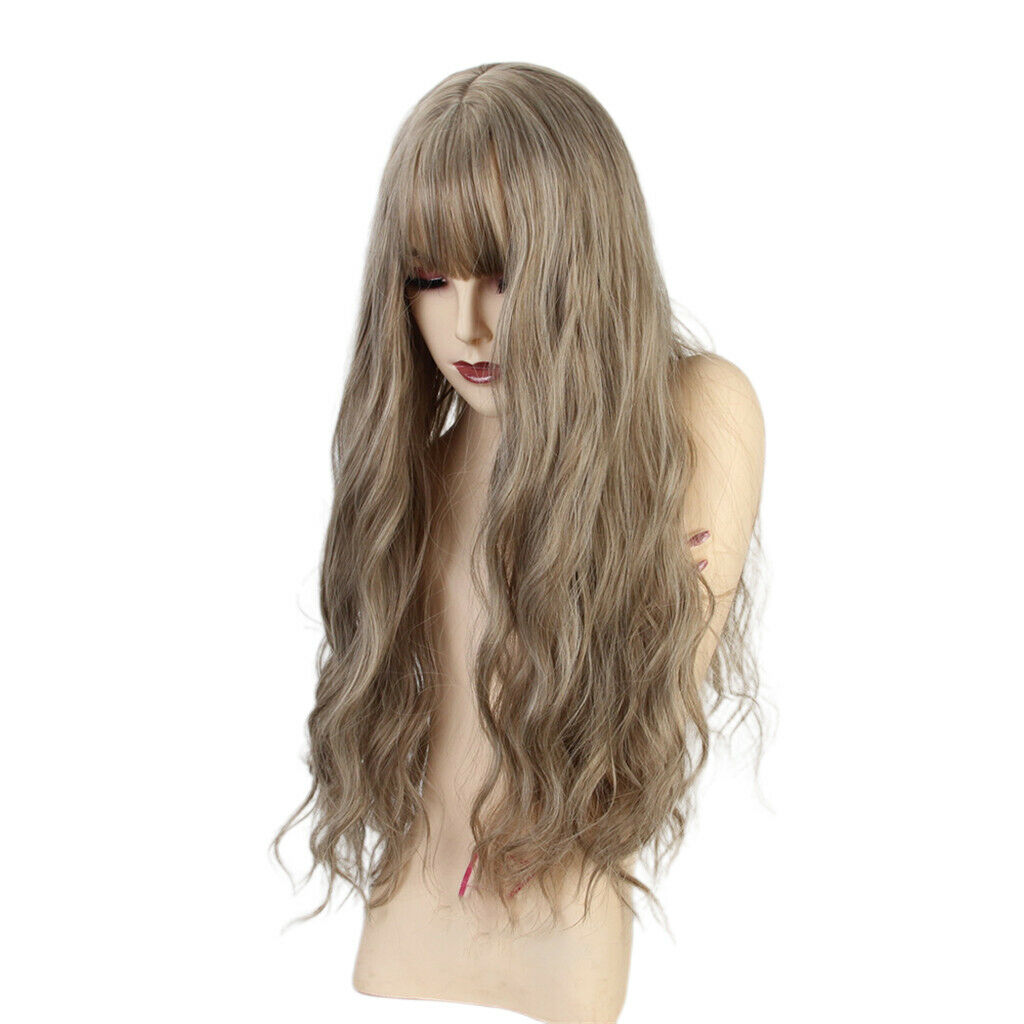 Women Long Wavy Light Brown Wigs with Bangs Heat Resistant Synthetic Fiber