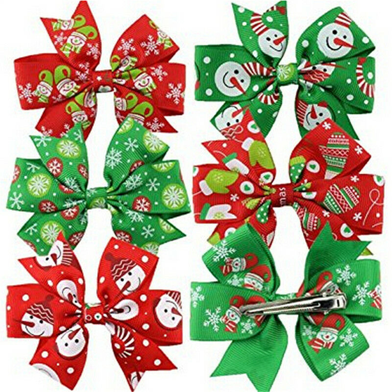 6Pcs Girl Christmas Holiday Gift Snowflake Ribbon Hair Bows Clip Girl Hairpin Rf