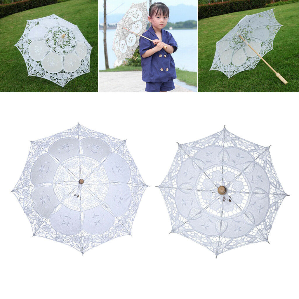 2Pcs White Cotton Embroidery Parasol Shower Umbrella Decor Wedding Props