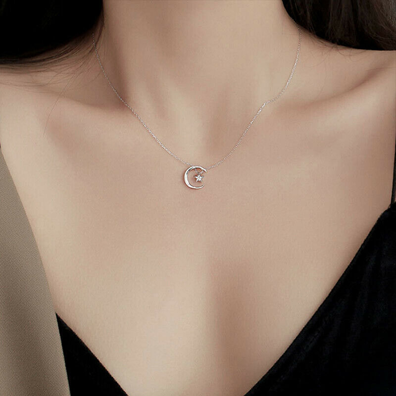 1X Moon Star Necklace Fashion Simple Sparkling Clavicle Chain Woman Jewel.l8