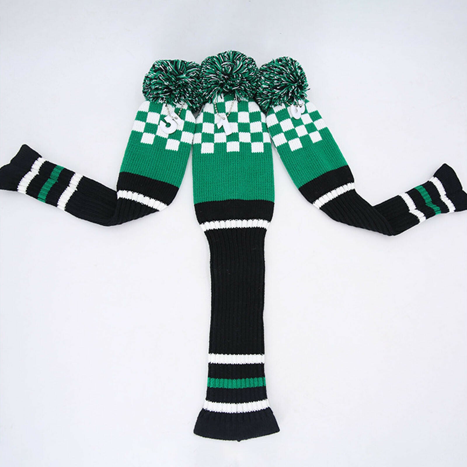 3x Knit Wood Golf Club Covers No. Tags 1 3 5 A Large Pom Pom Checkerboard