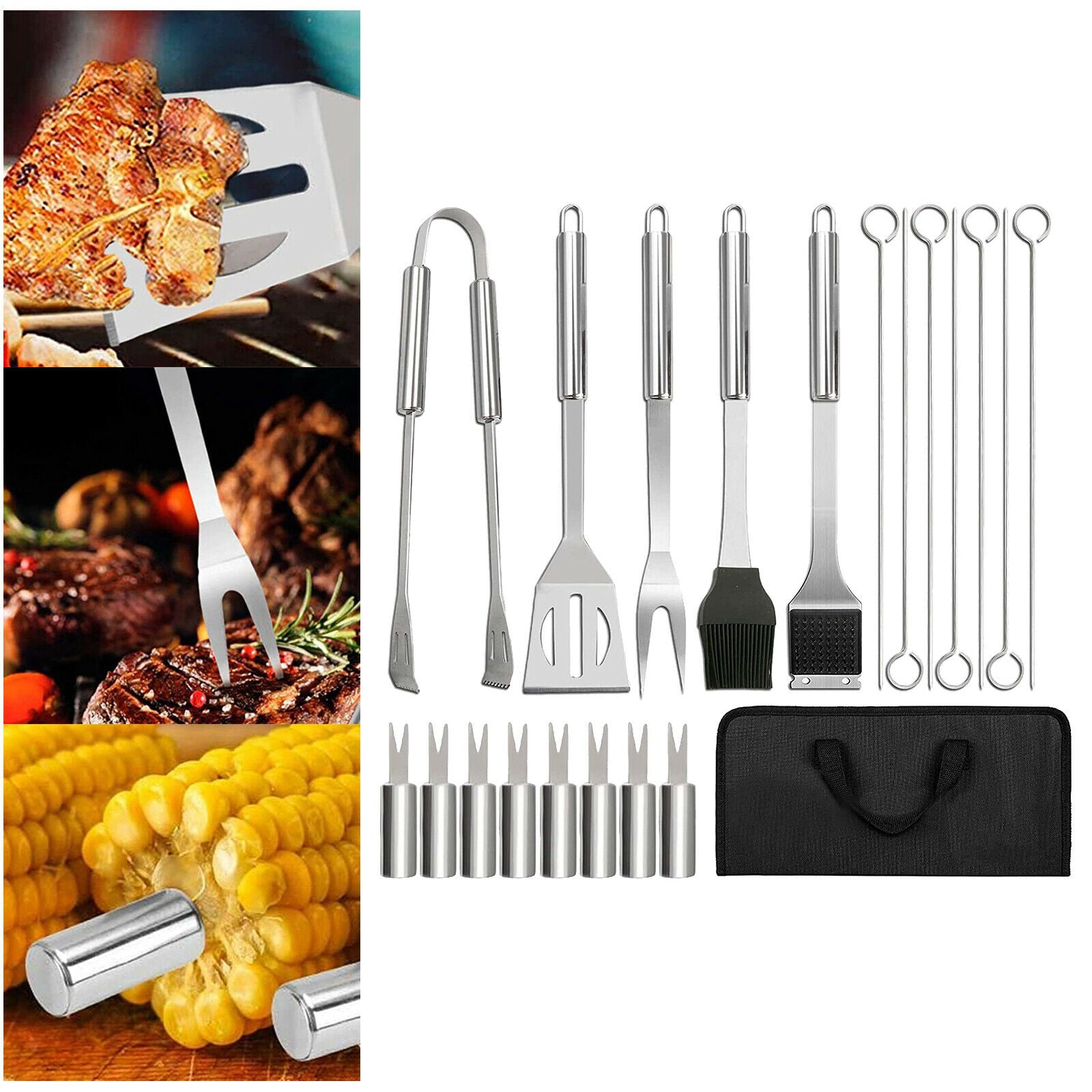 20Pcs Stainless Steel BBQ / Grilling Tool Set - Tongs Fork Cleaning Brush