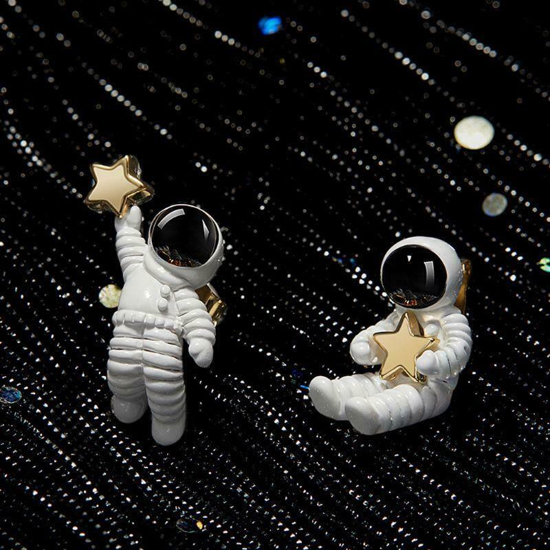 Cute Starry Sky Star Space Asymmetrical Astronaut Small Stud Earrings for Women