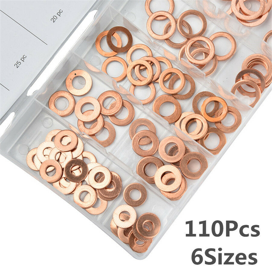 6 Sizes 1/4"-5/8" Car Engine Oil Drain Copper Ring Gaskets Flat Washer Seal Kit