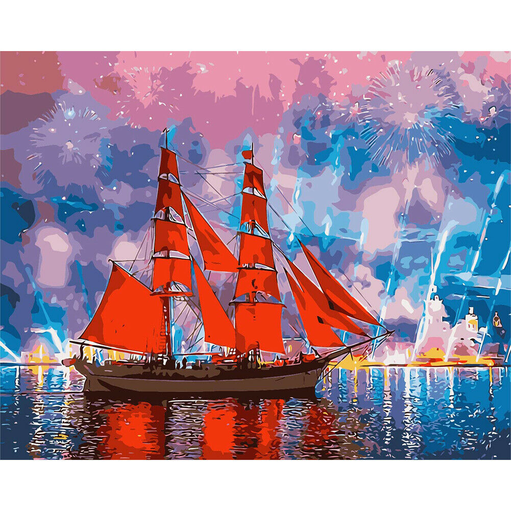 Oil Painting By Numbers Kit DIY Red Sailboat Hand Painted Digital Canvas @