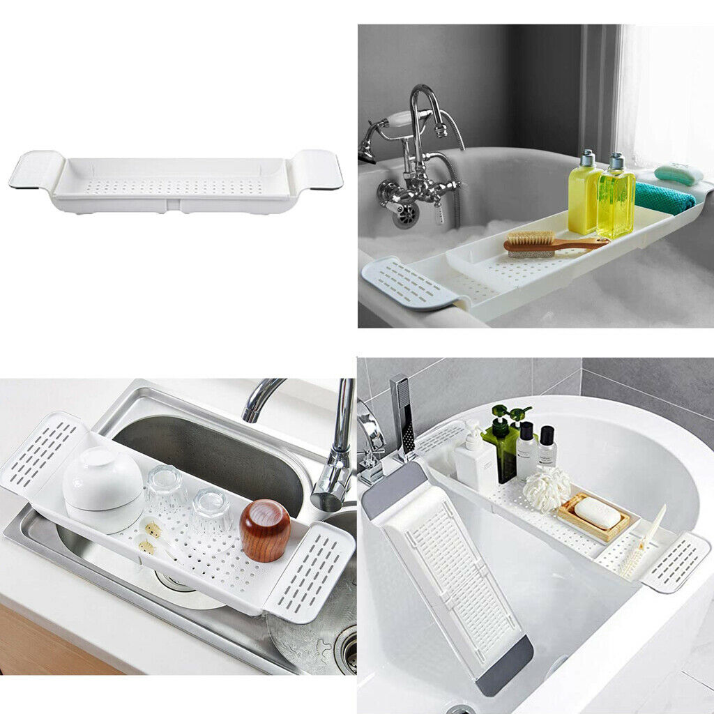 Plastic White Telescopic Bath Tray Rack Shelf
