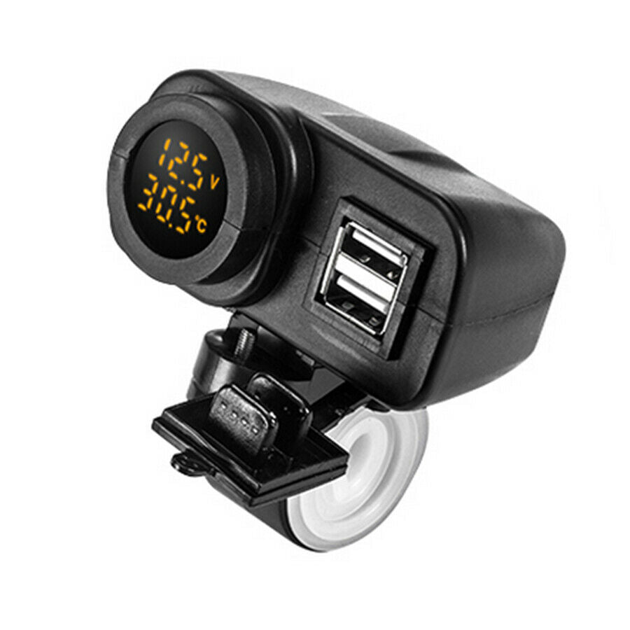 LED Dual USB Charger Voltmeter Thermometer For Motorcycle Scooter Handlebar 1x