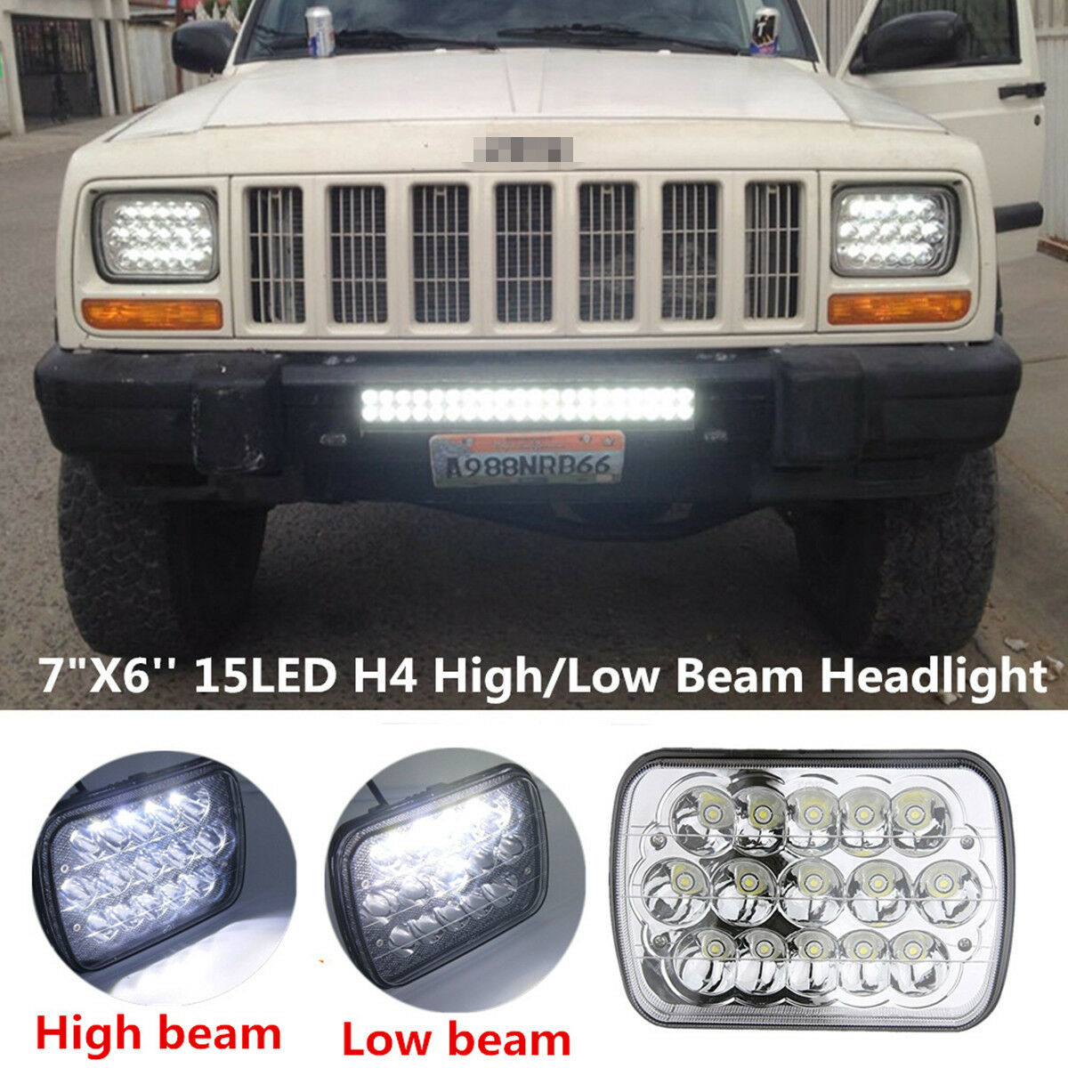 7"x6'' 15LED HID Bulb Light H4 Crystal Clear Sealed Car Van Hi/Lo Beam Headlight