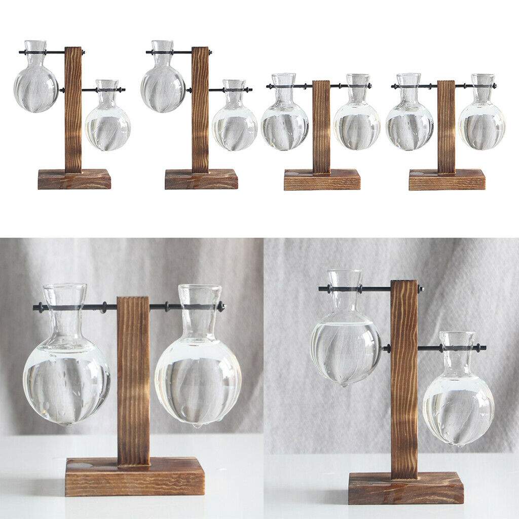 4Pack Rustic Glass Bulb Vase Holder w/ Wood Stand for Hydroponics Plants