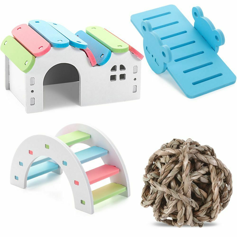 Pet Tooth Chew Toys Wooden Hamster House Chew Grass Balls Rainbow Hamster Toys