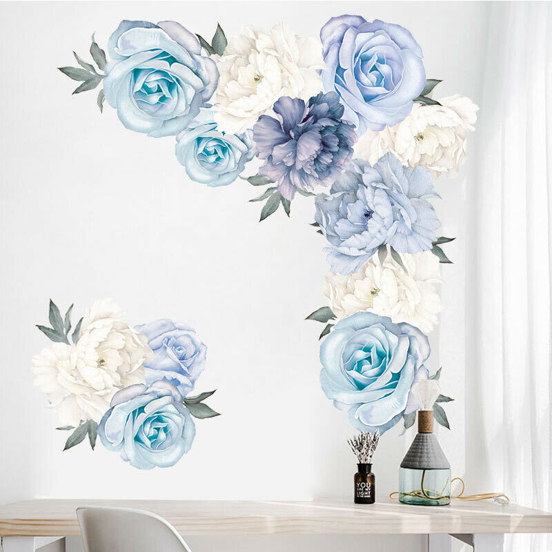 Blue Peony Rose Flowers Wall Stickers for Kids Room Living Room Home Dec.l8