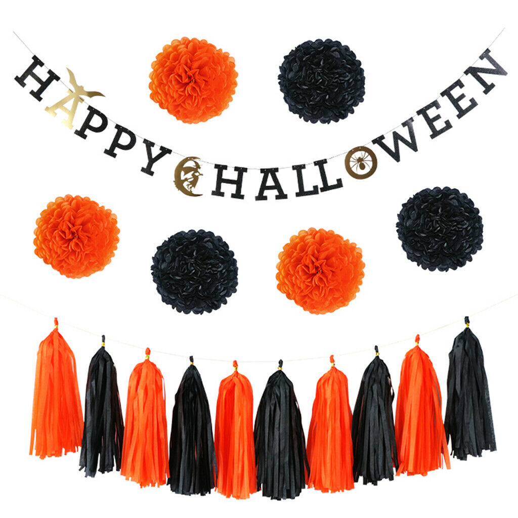 17pcs Halloween paper decorations banner garland fan shape balls tassels