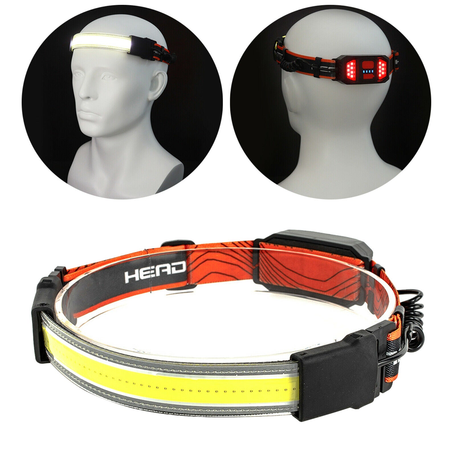 USB COB+LED Headlamp Torch Bar 3 Modes Broadbeam Rechargeable for Camping