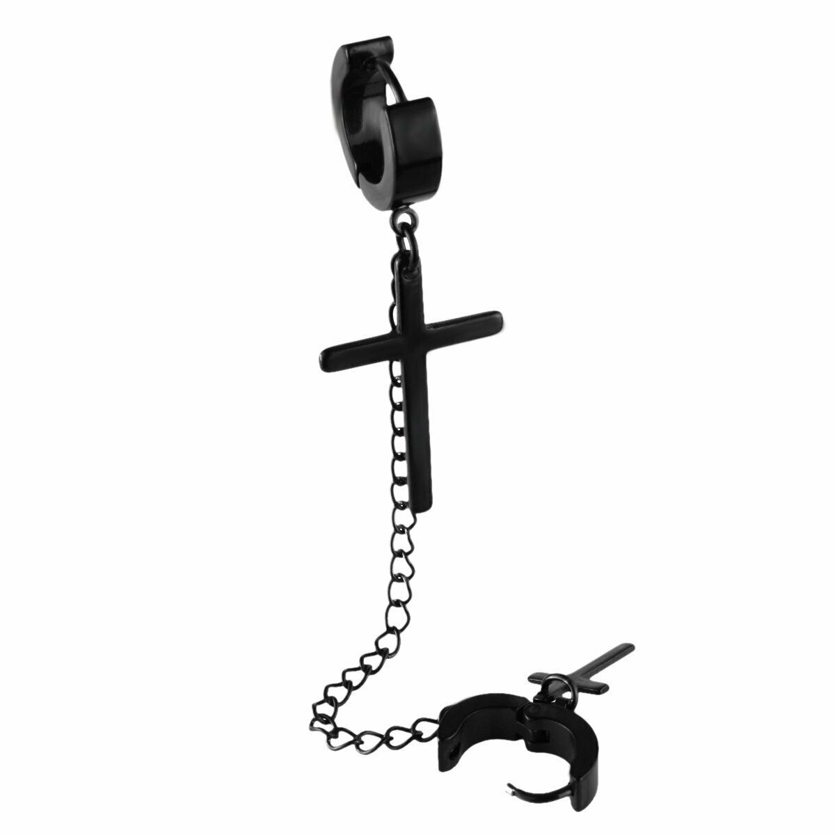2pcs Stainless Steel Double Cross Dangle Chain Men's Hoop Earrings Black