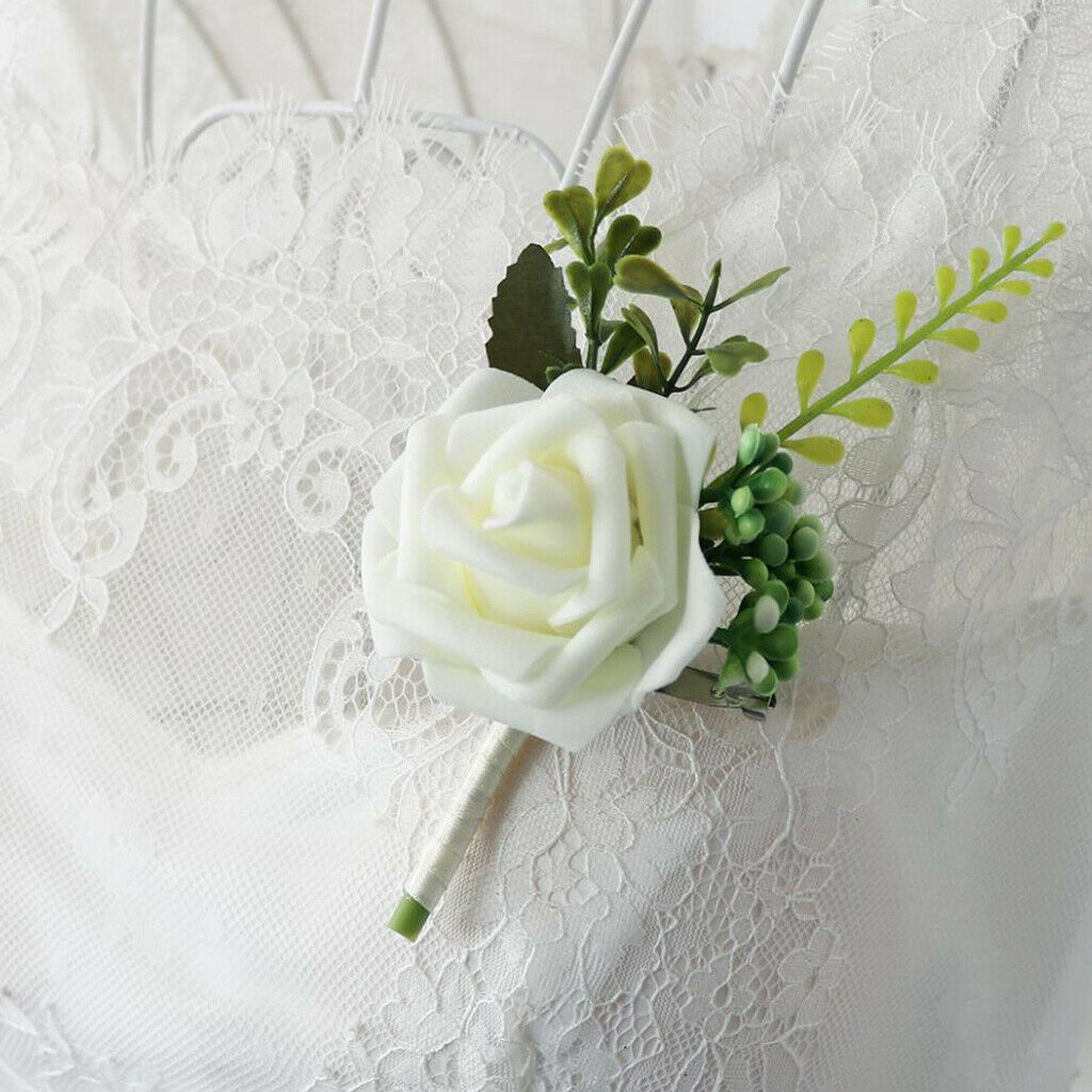 30X Rose Flower Wedding Brooch Corsage Party Prom Corsage with Clip White