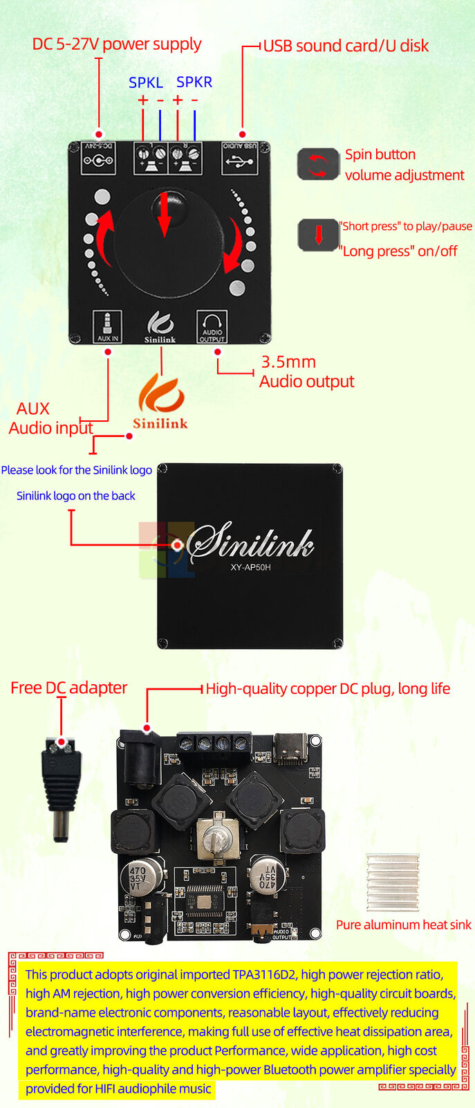 TPA3116D2 Bluetooth5.0 Audio Stereo HIFI AUX USB 50Wx2 Digital Amplifier Board