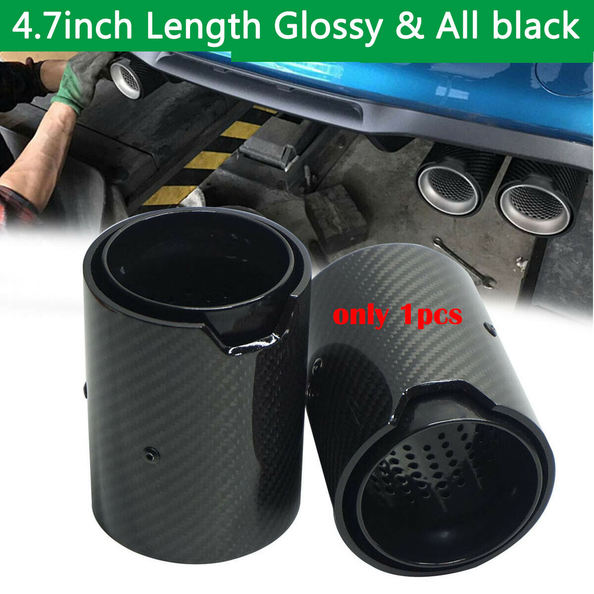 Black Stainless Steel + Carbon Fiber Tip Exhaust Pipe 2.5'' Inlet 3.6'' Outlet