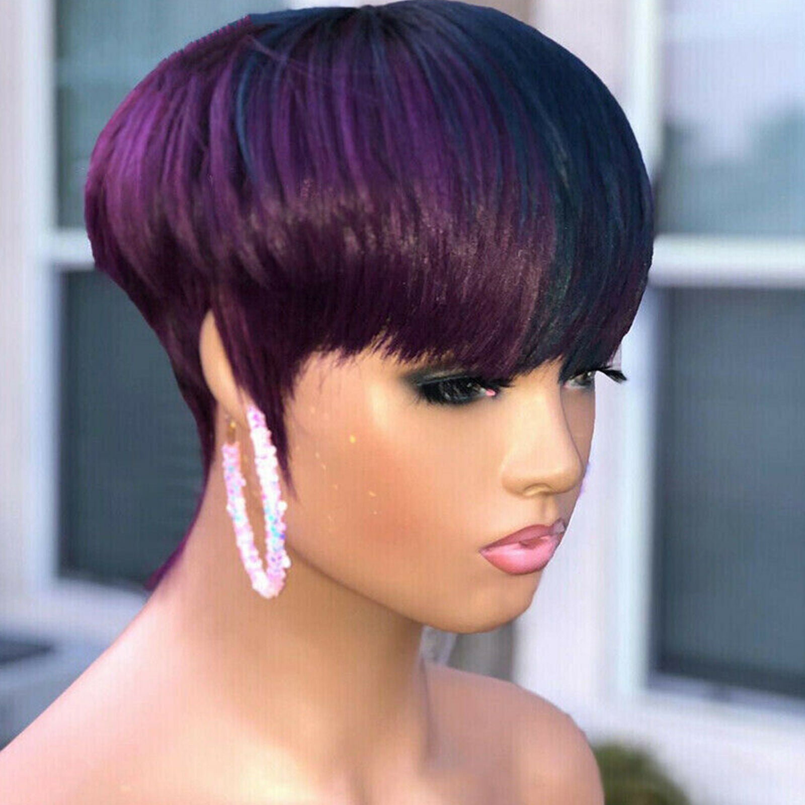 Short Straight Pixie Women Cut Wig Ladies Hairstyles Black Purple Women Hair Wig