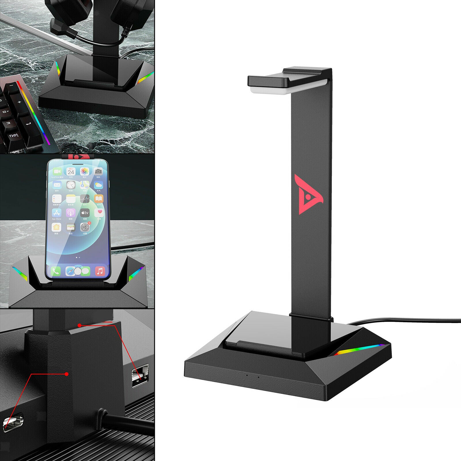 Gaming Headphone Holder Durable with 2 USB Ports Universal for Table Desk