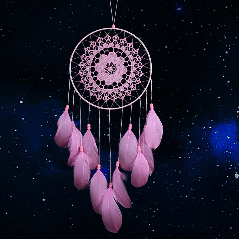Pink Handmade Lace Dream Catcher Feather Bead Hanging Decoration Ornament @