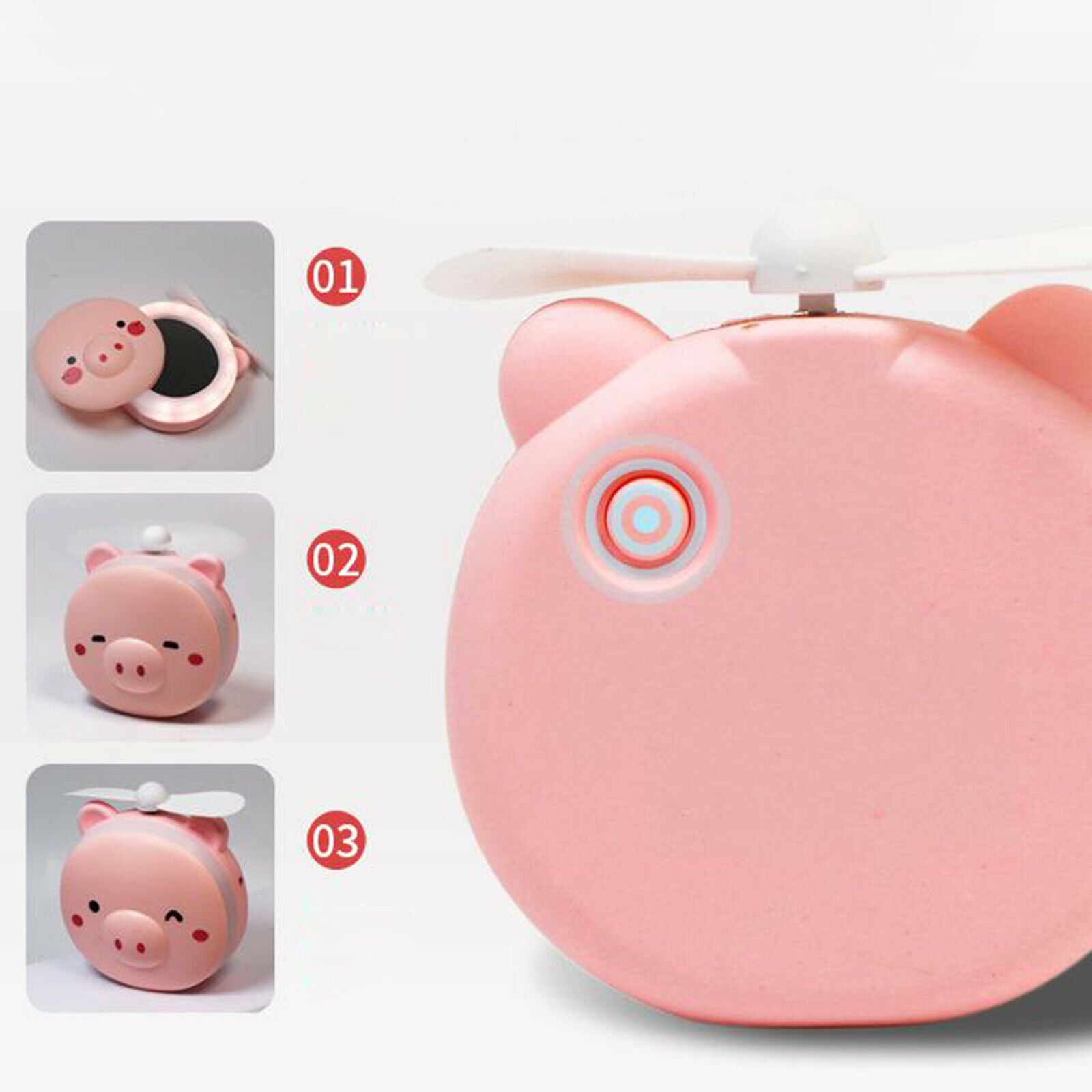 Cartoon Pig Makeup Mirror Cooling Fan LED Light USB Rechargeable Indoor