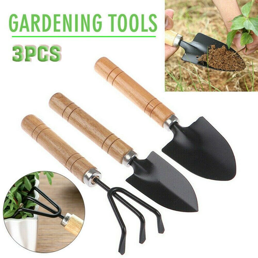 3Pcs Wood Gardening Garden Hand Tool Mini Cultivator Fork Trowel Shovel Set US