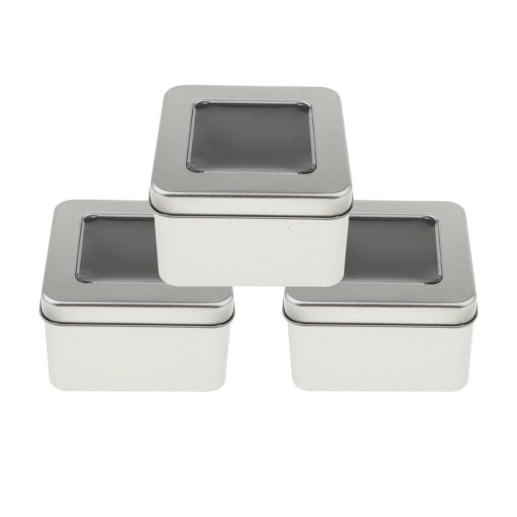Set of 3 Small Tin Box Container, Square Empty Tin Storage Case (Clear Top,