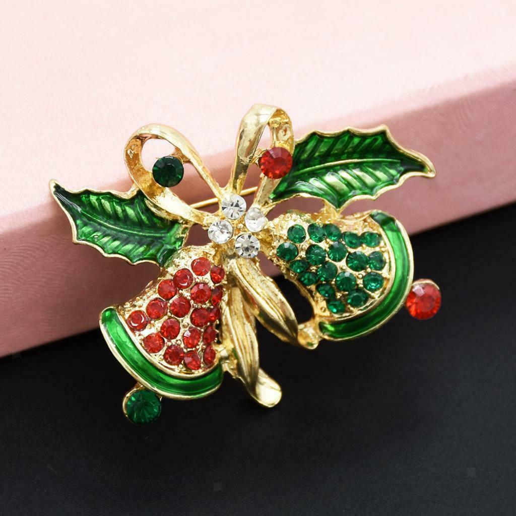 Crystal Christmas Bell Brooch Pin Xmas Party Ornaments Gift Xmas Corsage