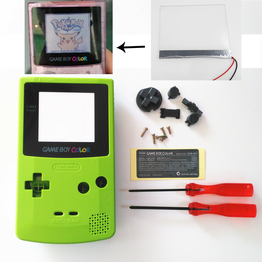 New Frontlit Front Light+Green Housing Shell Kit for Nintendo Game Boy Color GBC