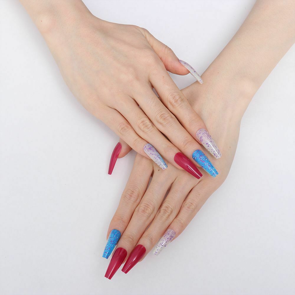 Ballerina Extra Long Color mixing T-shaped Coffin Nail Tip Sequins False Nails