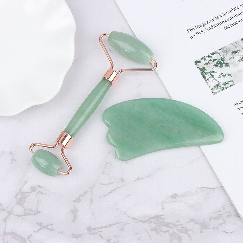 Natural Jade Massage Roller+Guasha Board SPA Scraper Stone Facial Massager SFCA