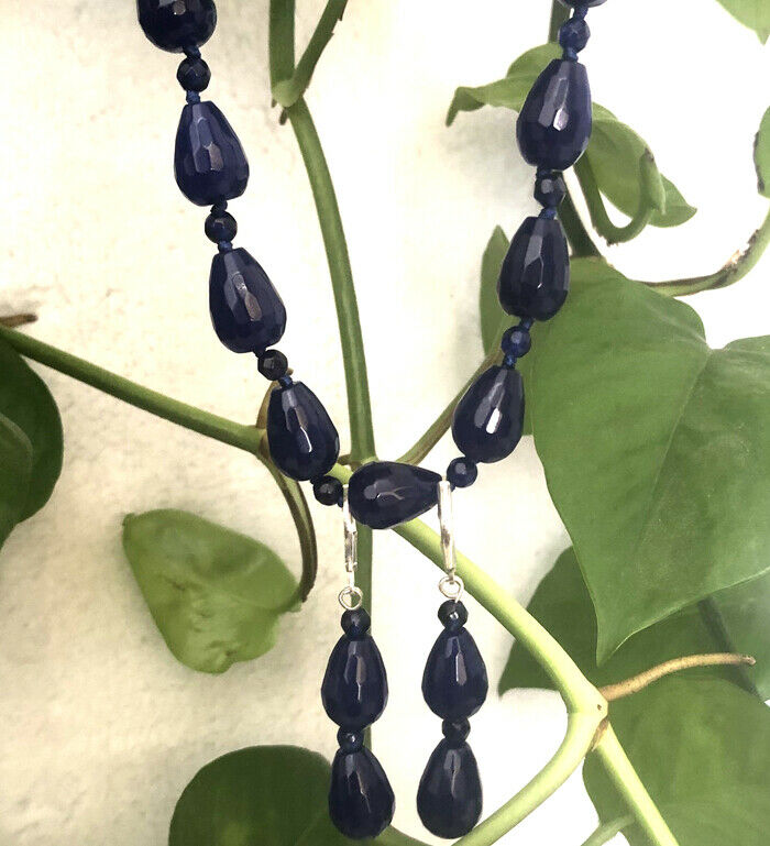New10x14mm Water Drop Faceted Blue Sapphire Beaded Necklace and Earring Set A+