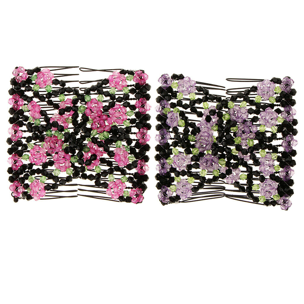 2x Comb Hair Flowers  Acrylic Beads Hair Comb Clip Elastic Hair Clip Women Girls