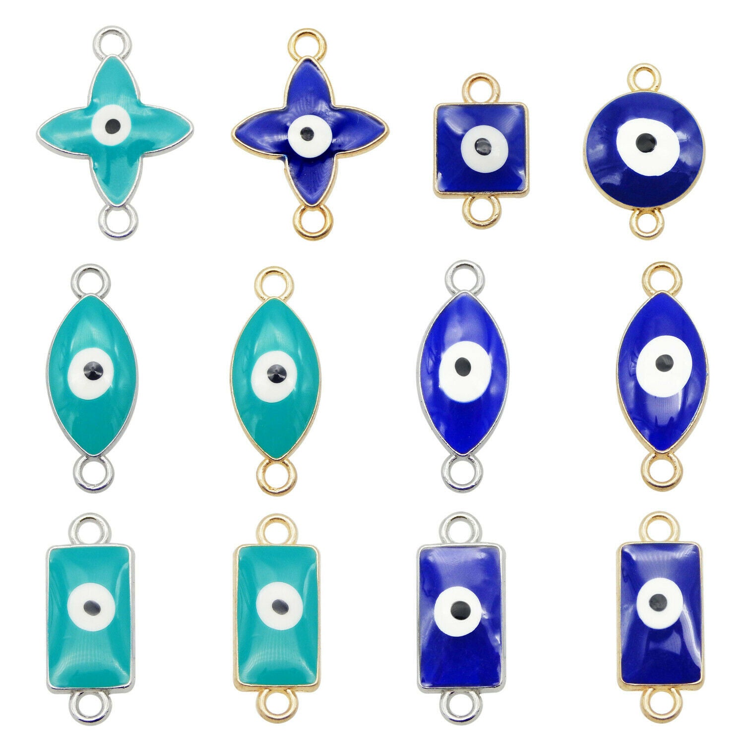12 Mix Blue Alloy Evil Eye Enamel Charm Bracelet Pendant Connector Craft Jewelry