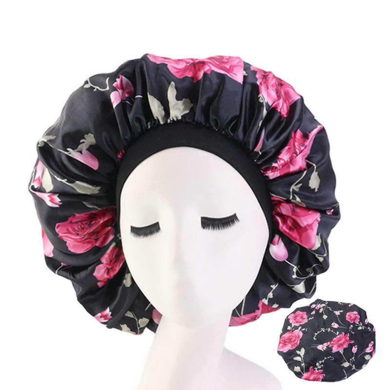 Satin Women Sleep Cap Night Wrap Elastic Sleeping Bonnet Safflower On Black
